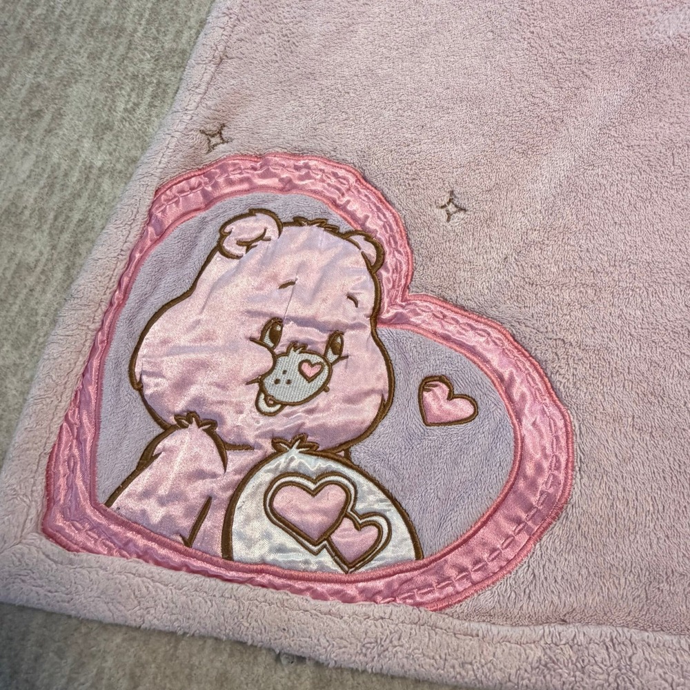 Care Bears‎ Pink Plush Baby Blanket Lovey Hearts Satin Applique Security Vintage